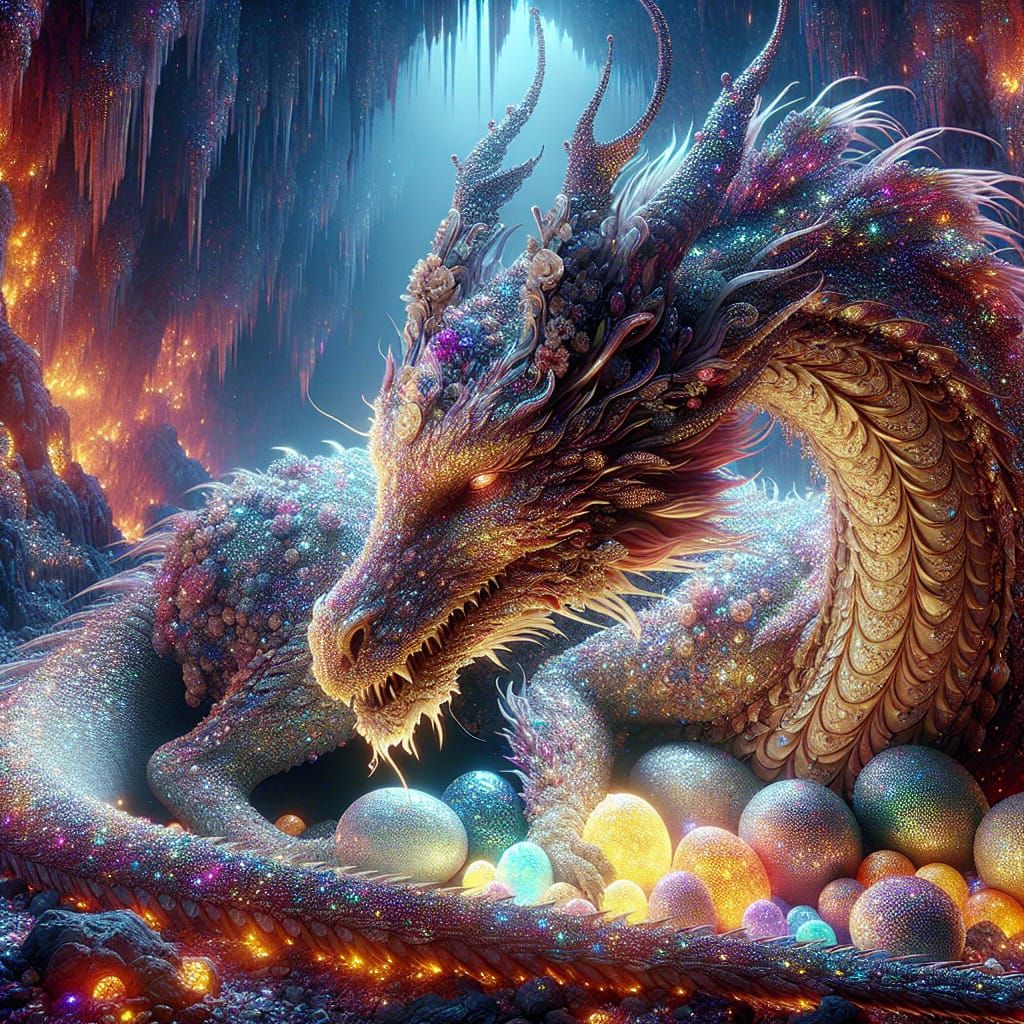 Sparkle Dragon Mother Protecting Her Eggs
