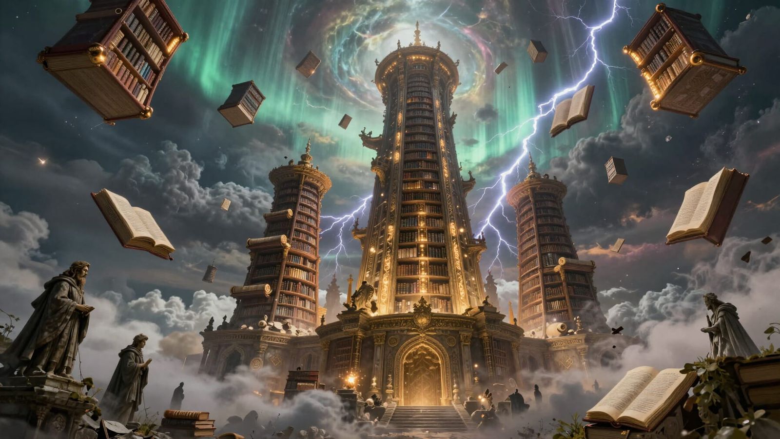 Infinite Ancient Library Ascends to Stormy Skies