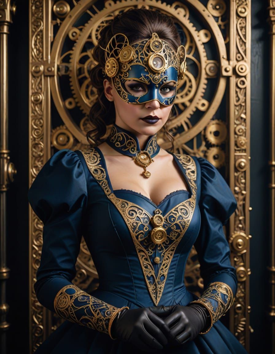 Steampunk Woman in Venetian Mask with Gold Filigree