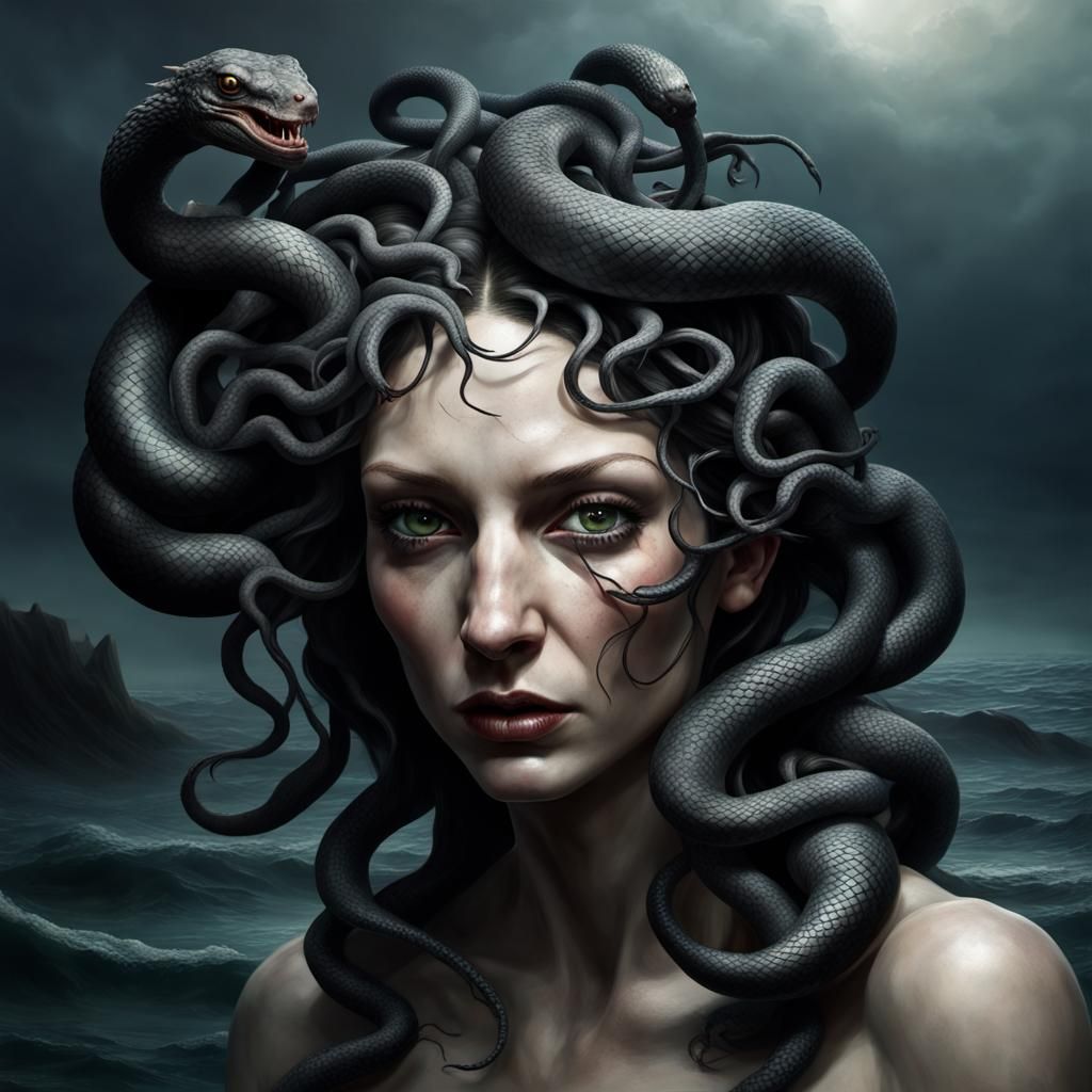 Lizard-like Medusa Goddess Portrait in Oil Painting Style