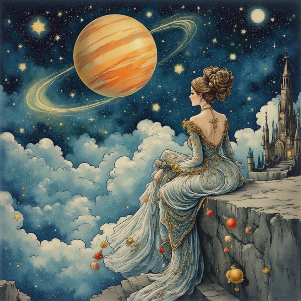 Elegant Woman Gazing at Magical Night Sky on Ledge
