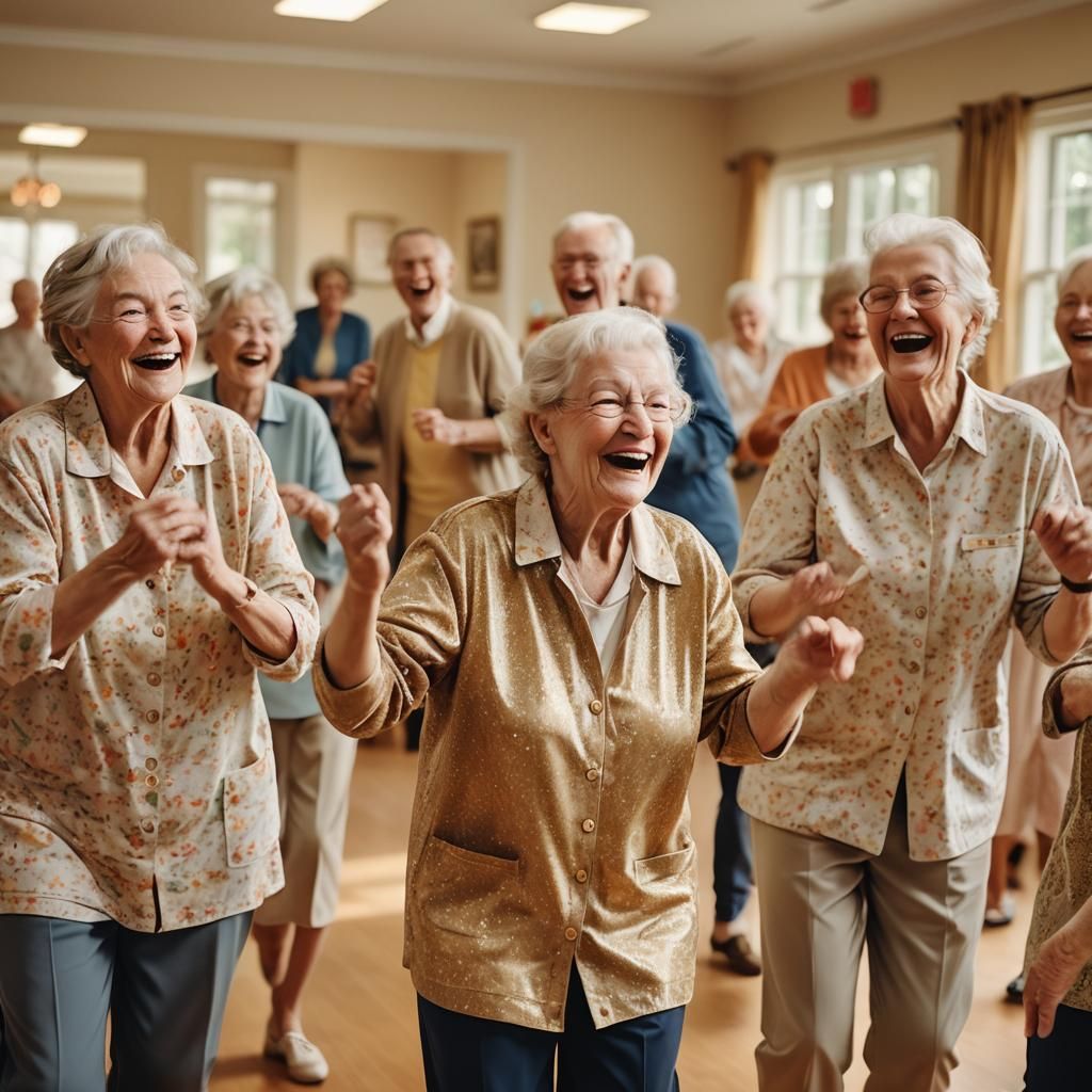 Seniors Dancing Hokey Cokey: Impressionistic Nursing Home Sc...