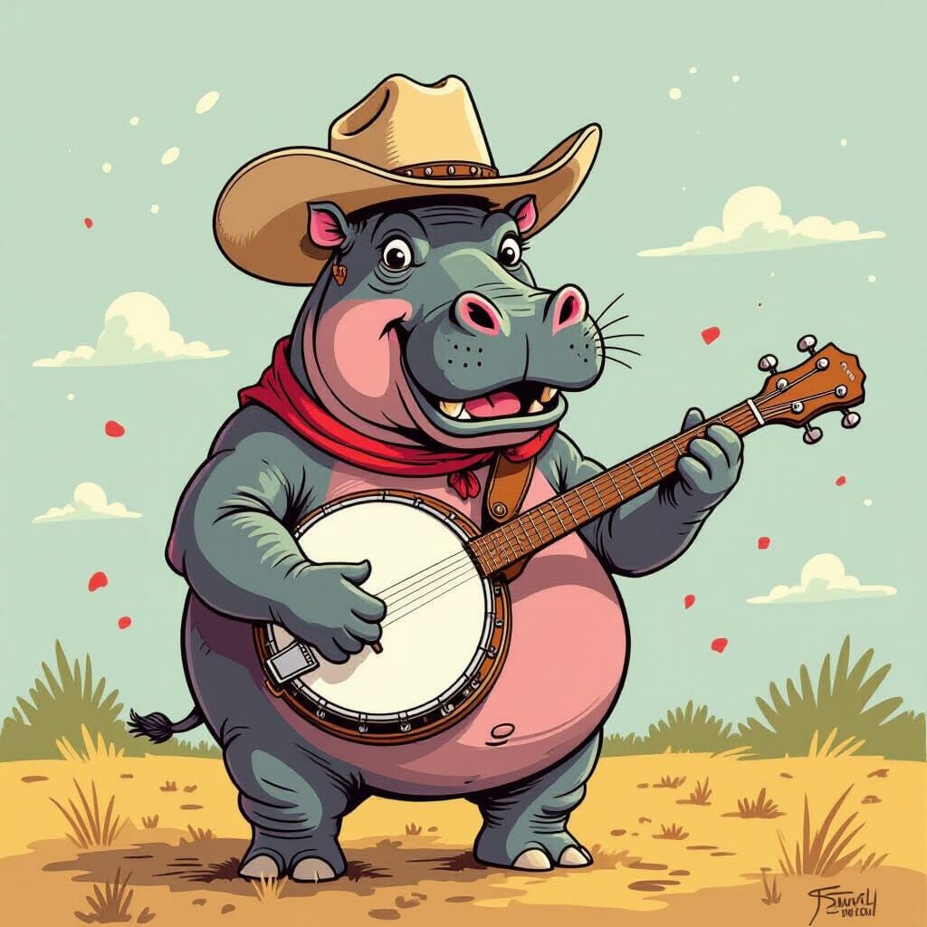 Hippo Cowboy Banjo Player in Whimsical Illustration Style