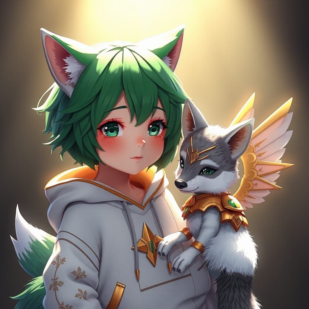 Wolf Girl and Winged Pup in Anime Style