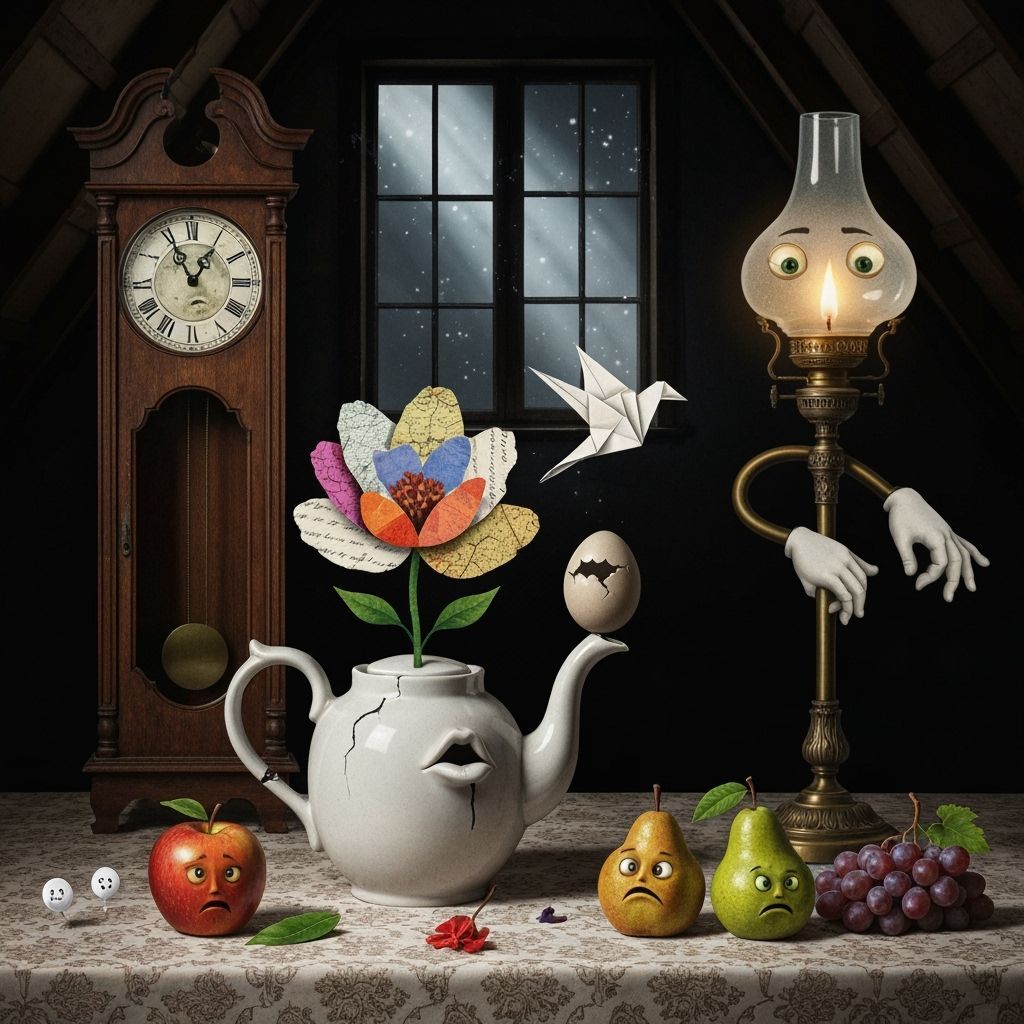 Surreal Attic Still Life with Antique Clock and Map Flower