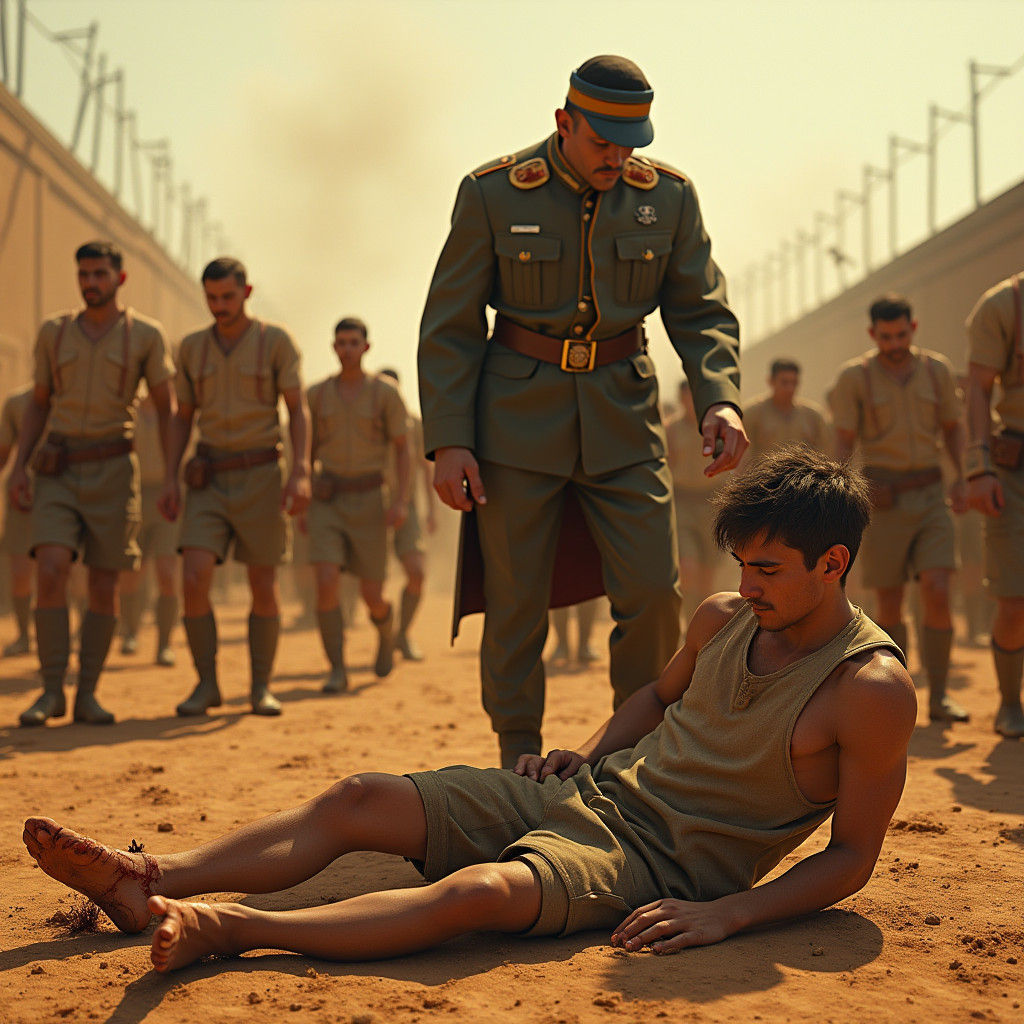 Prisoners of War in Stadium, Photorealistic Matte Painting