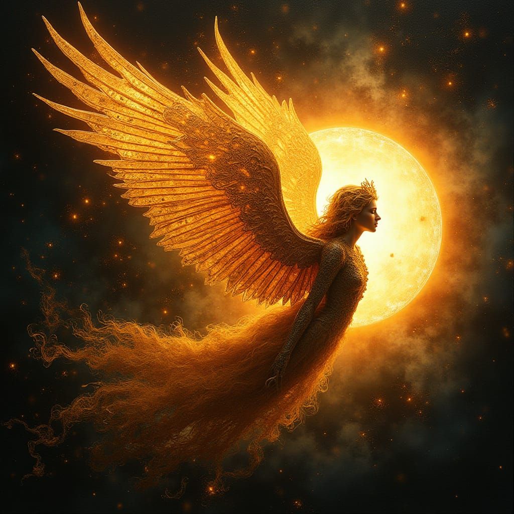 Celestial Odyssey with Gilded Wings in Radiant Colors