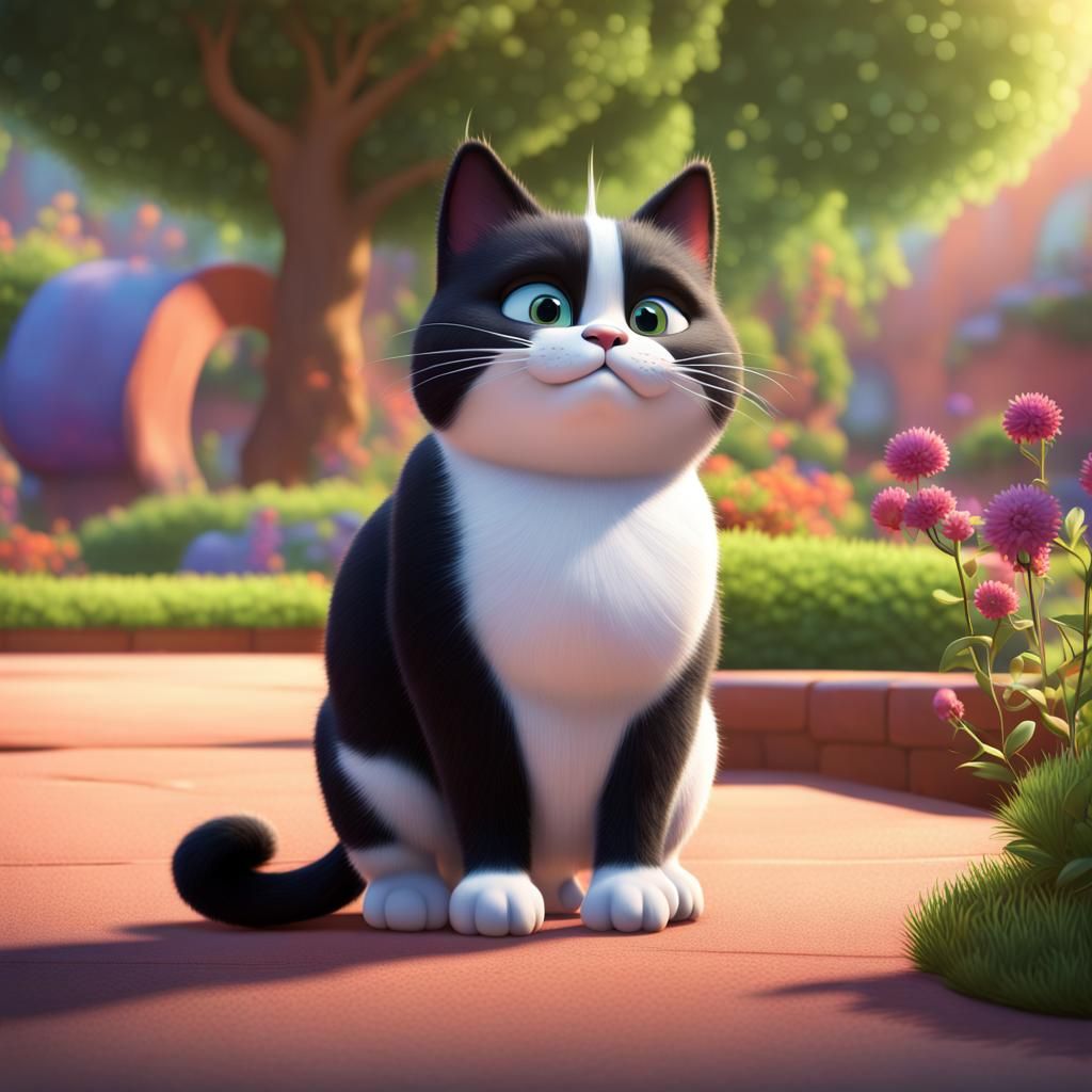 Fat Black and White Cat: Disney Pixar Style