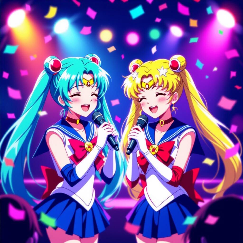 Hatsune Miku & Sailor Moon Karaoke Party in 90s Anime Style