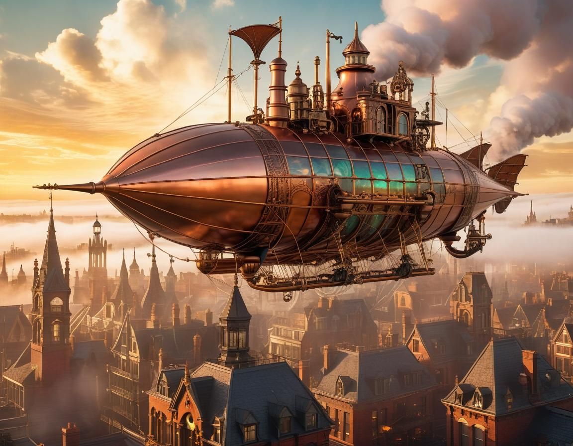 Steampunk Airship Descends on Victorian Cityscape