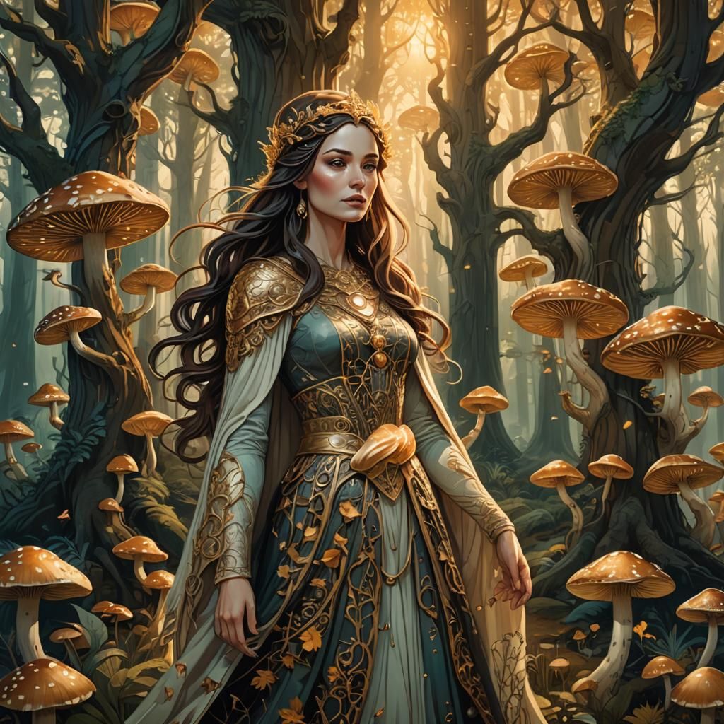 Regal Woman in Mystical Forest, Fantasy Art