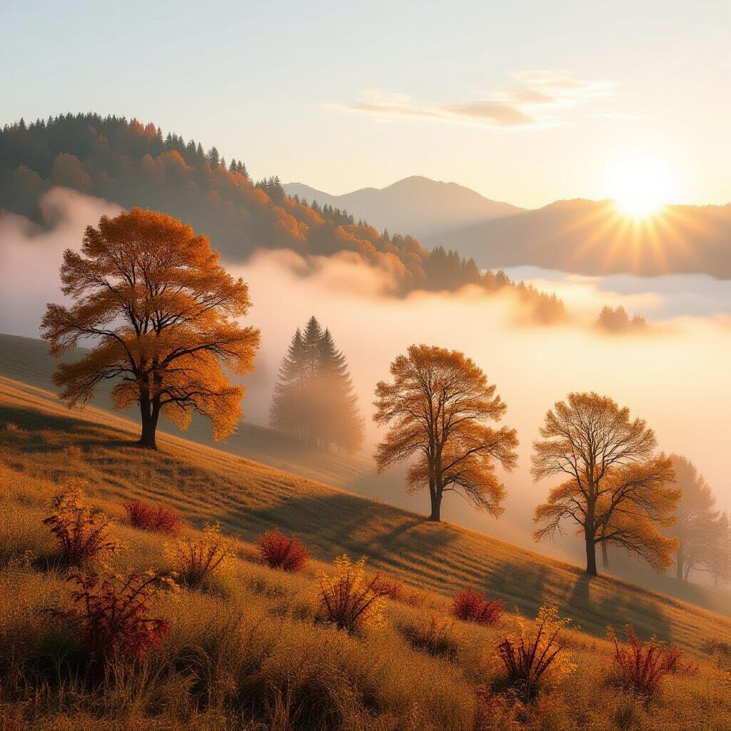 Golden Autumn Hills in Ethereal Dawn Mist