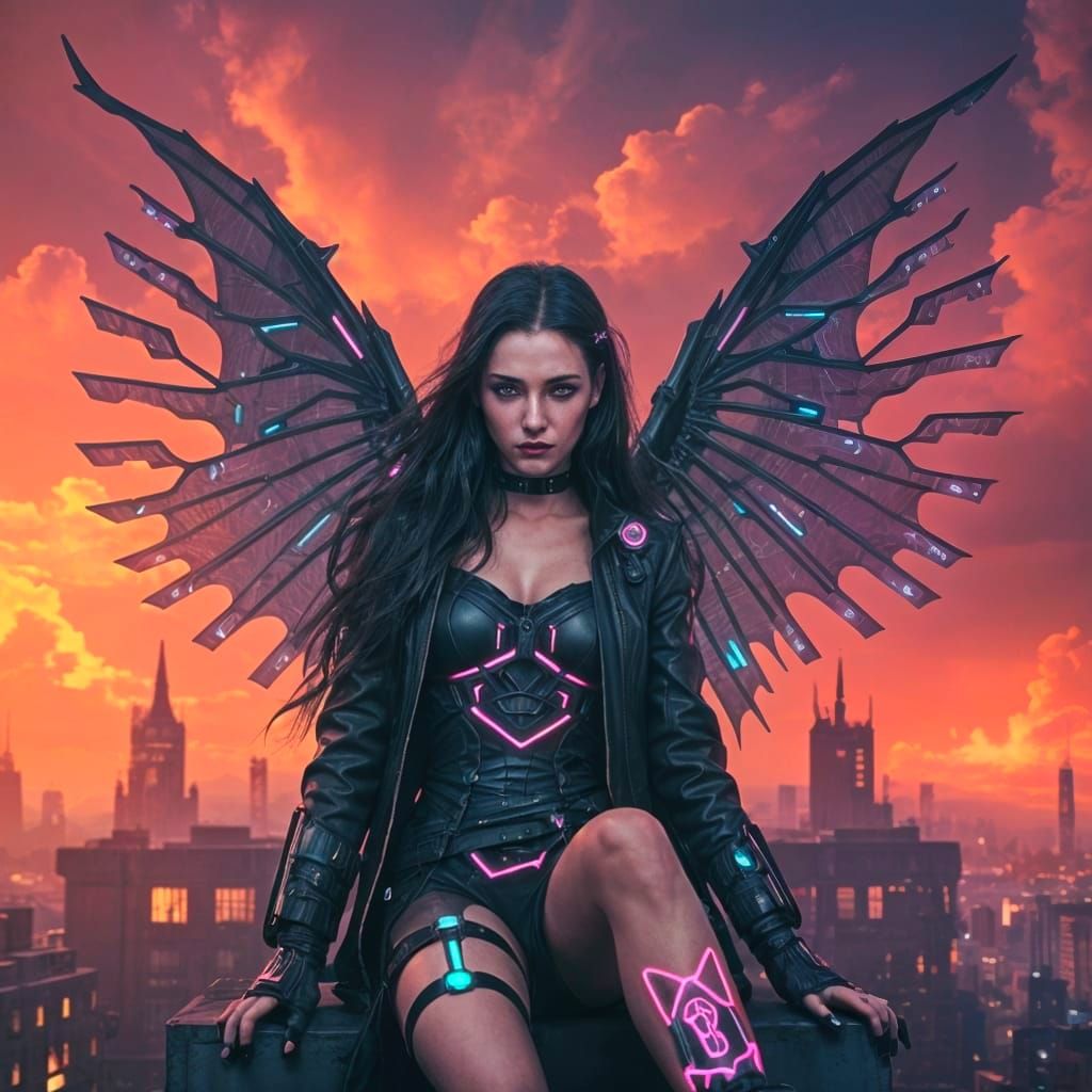 Cyberpunk Vampire Goddess in Neon Twilight