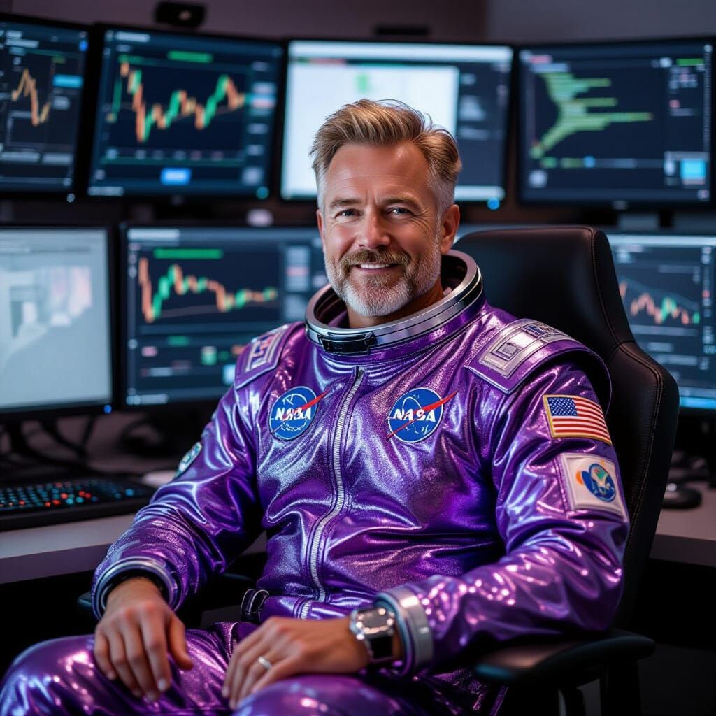 Man in Sparkling Spacesuit at Computer Array