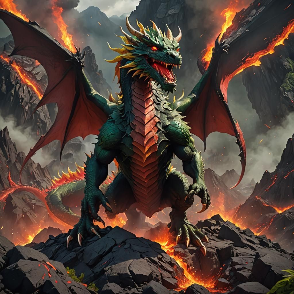 Fiery Dragon Emerges from Volcano: Anime Fantasy Art