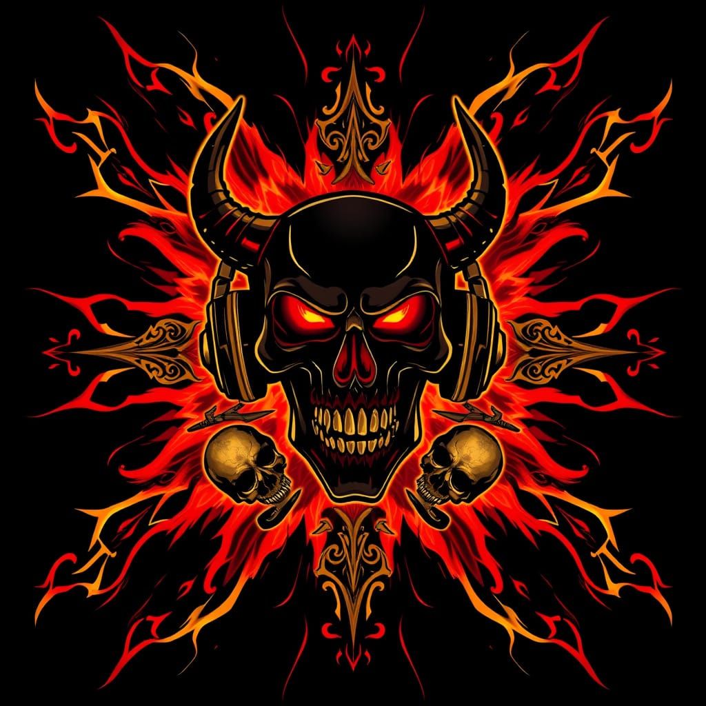 Dark Cyberpunk Skull with Glowing Eyes and Horns