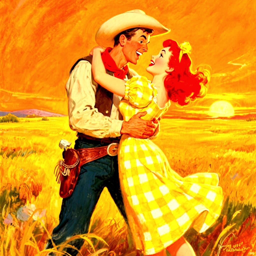 Playful Cowboy Embrace on Kansas Prairie as Pin-Up Art