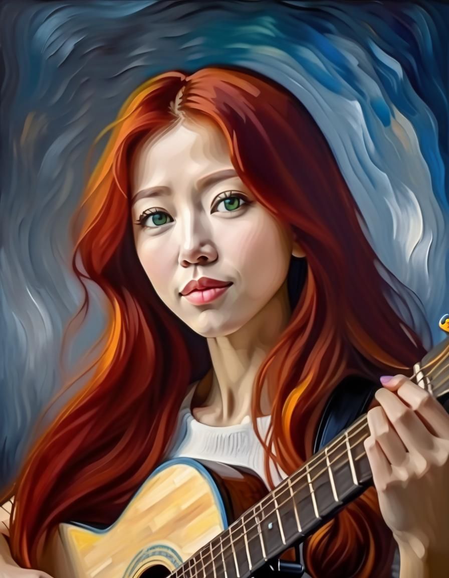 Japanese Woman Playing Guitar in Van Gogh Impasto Style
