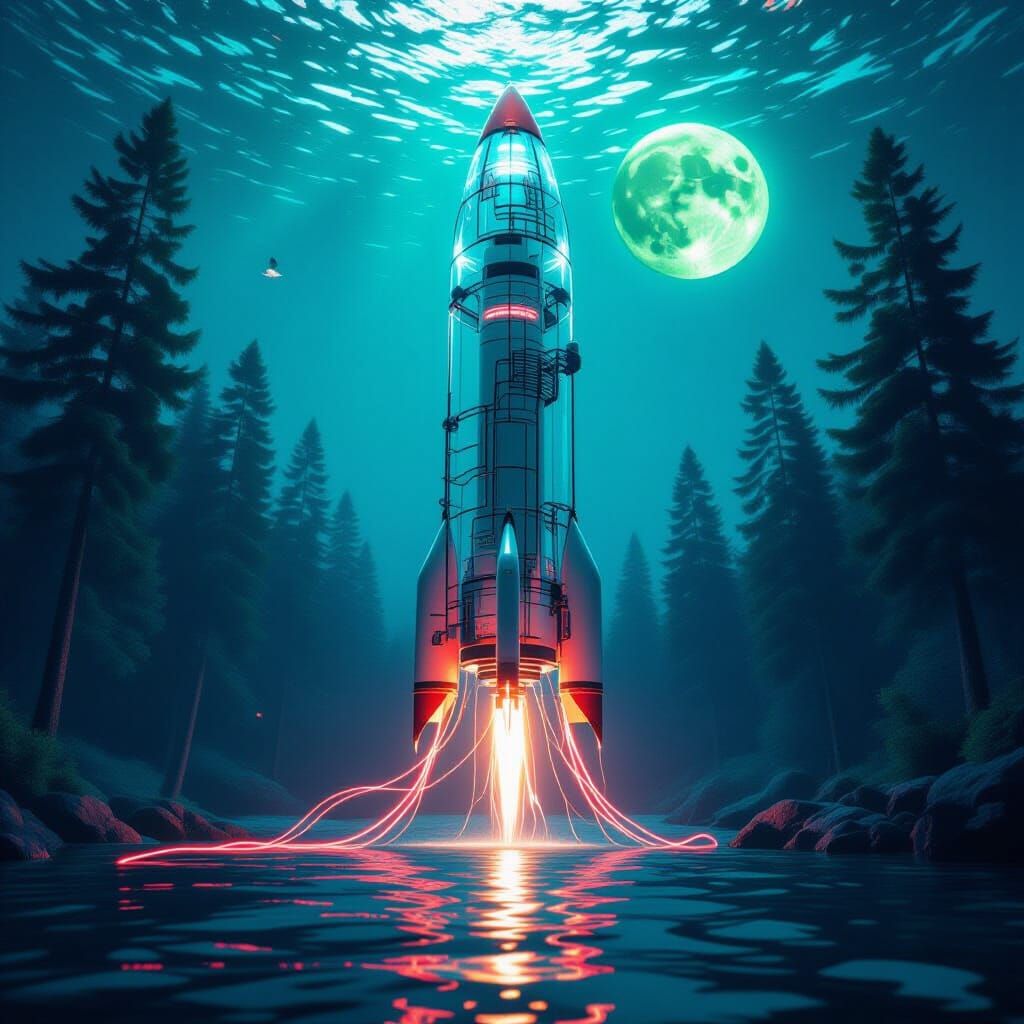 Glass Rocket Launch Under Green Moon
