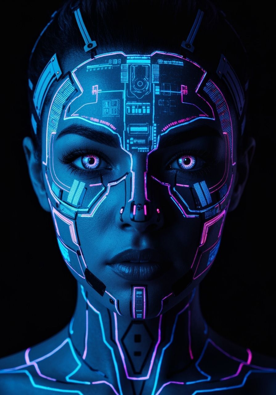 Cybernetic Woman's Face Lit by Blue & Pink Tech Patterns