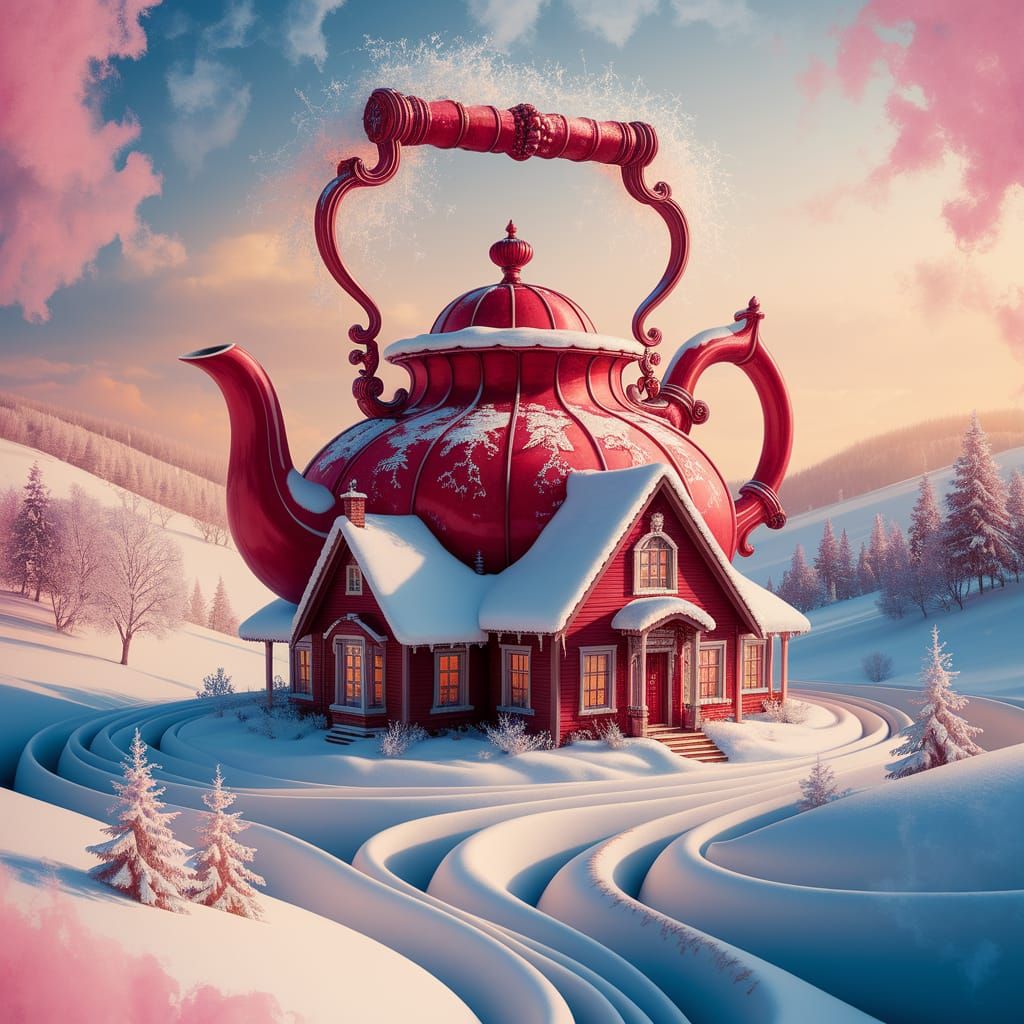Whimsical Teapot House in Dreamlike Winter Landscape