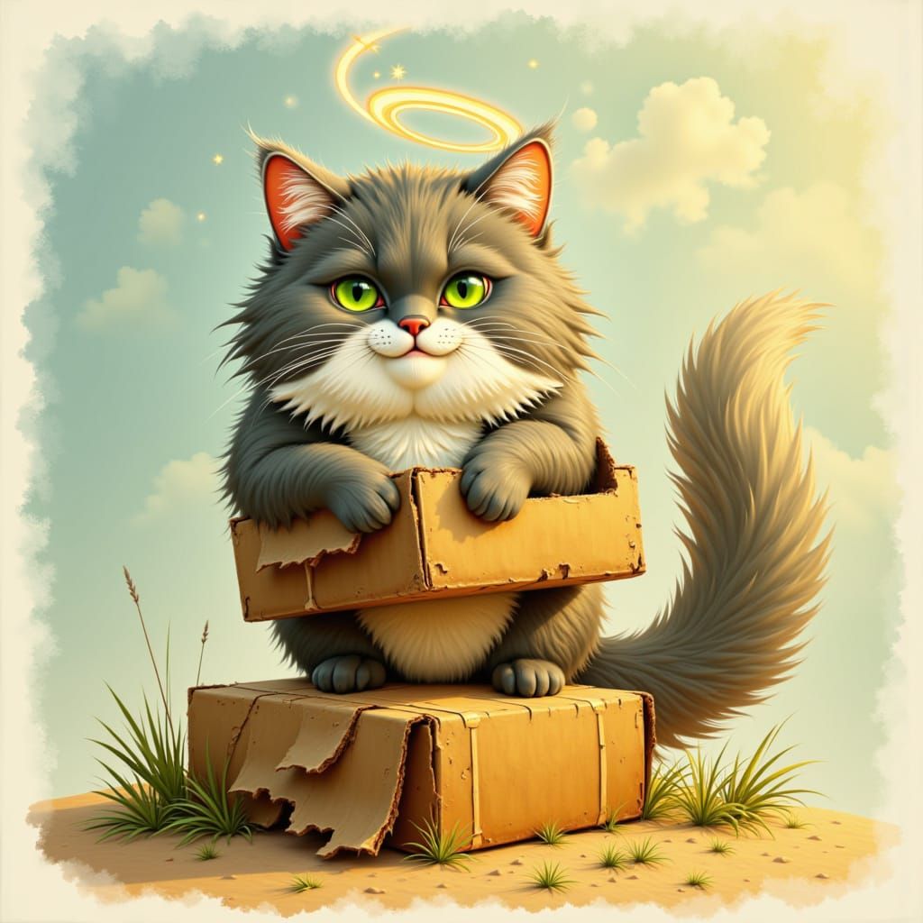 Fluffy Cat Balances Cardboard Box in Golden Hour Light