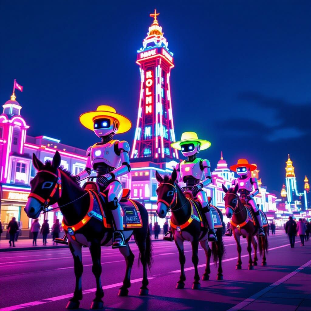 Robots Riding Donkeys at Blackpool Tower in Neon Lights