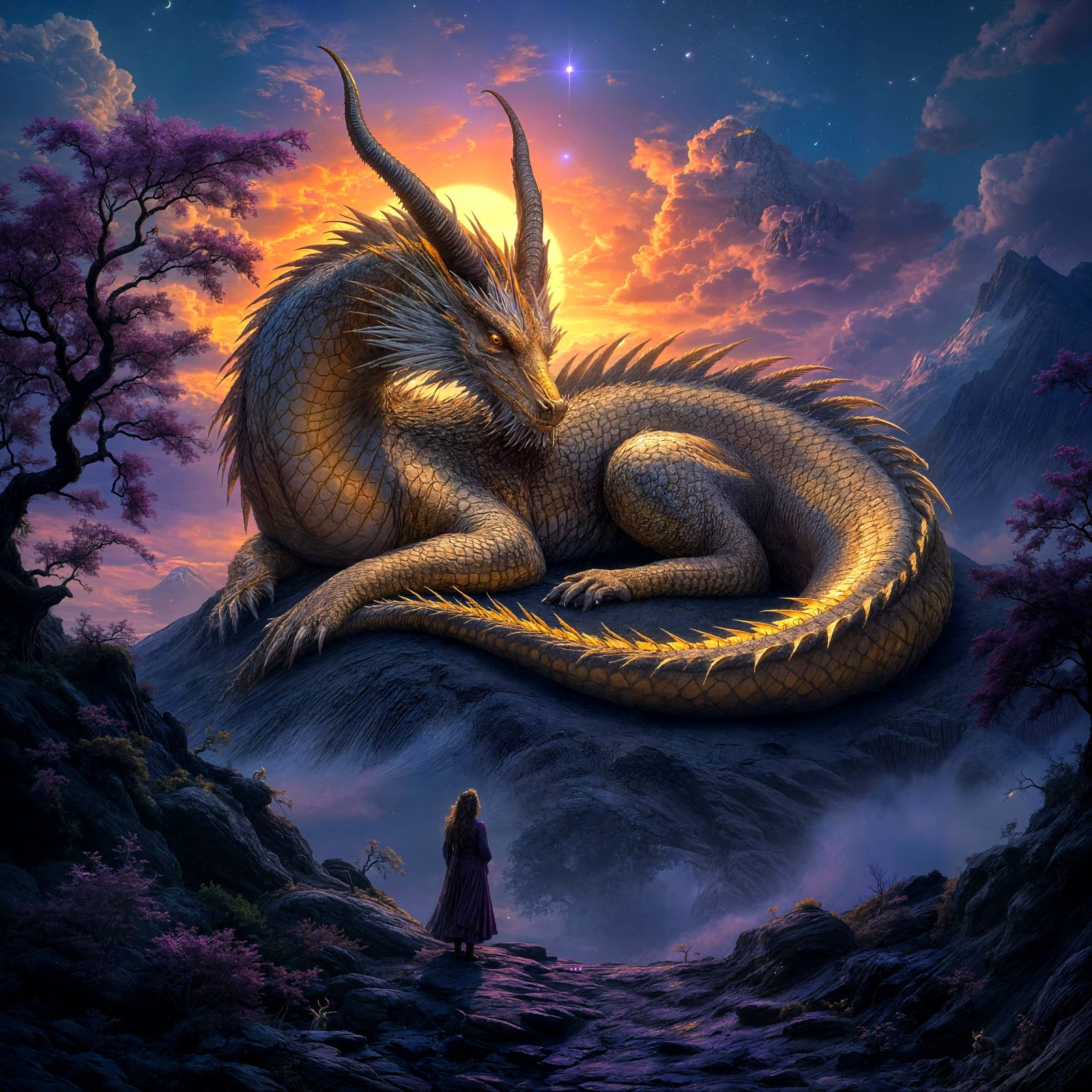 Majestic Golden Dragon on Ancient Volcano