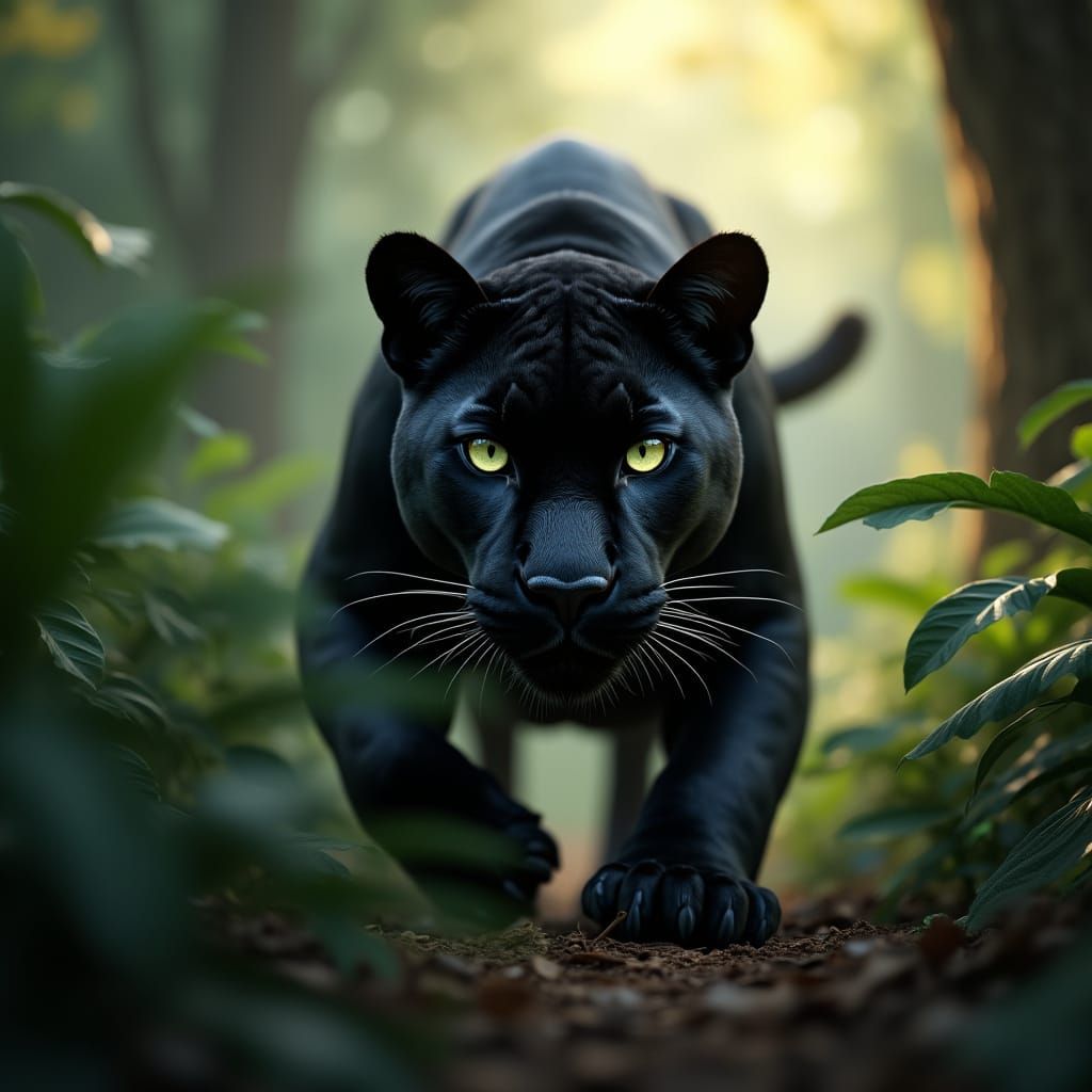 Black Panther Prowls Misty Tropical Forest