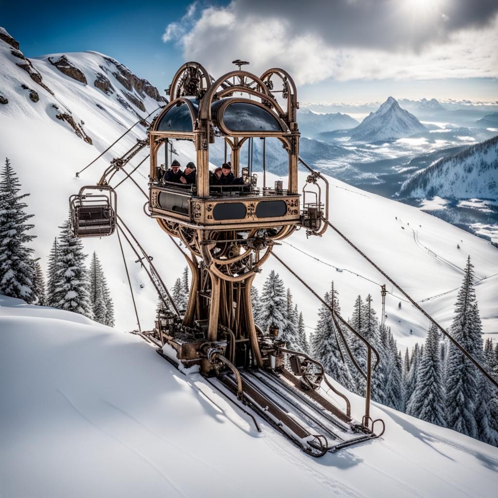 Steampunk Ski Lift on Snowy Swiss Mountain