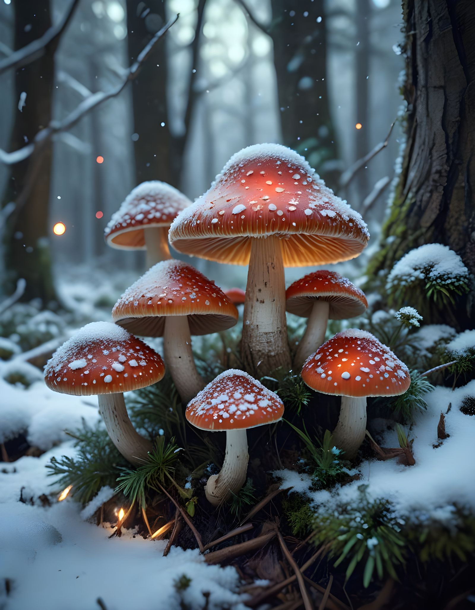 Magical Elves in Snowy Forest Gathering Glowing Mushrooms