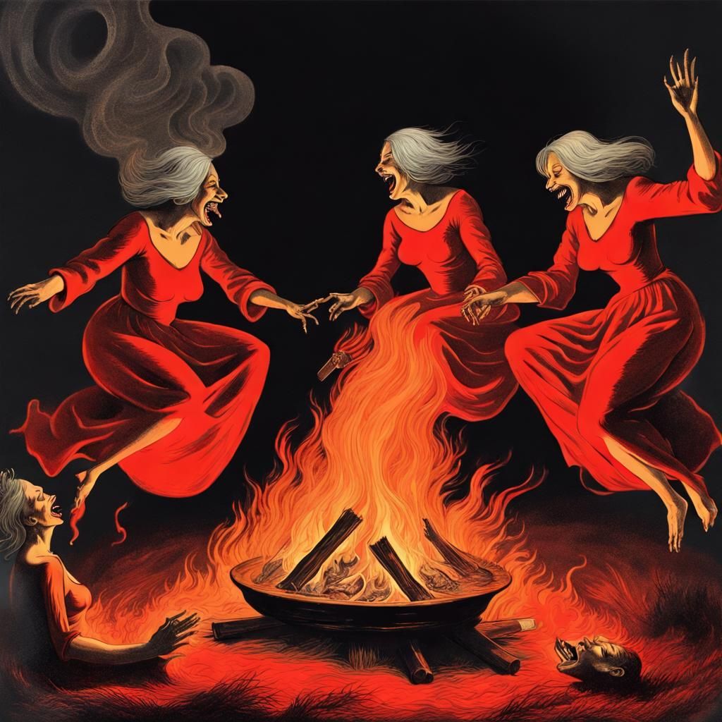 Witches' Coven Laughing Maniacally in Golden Age Style