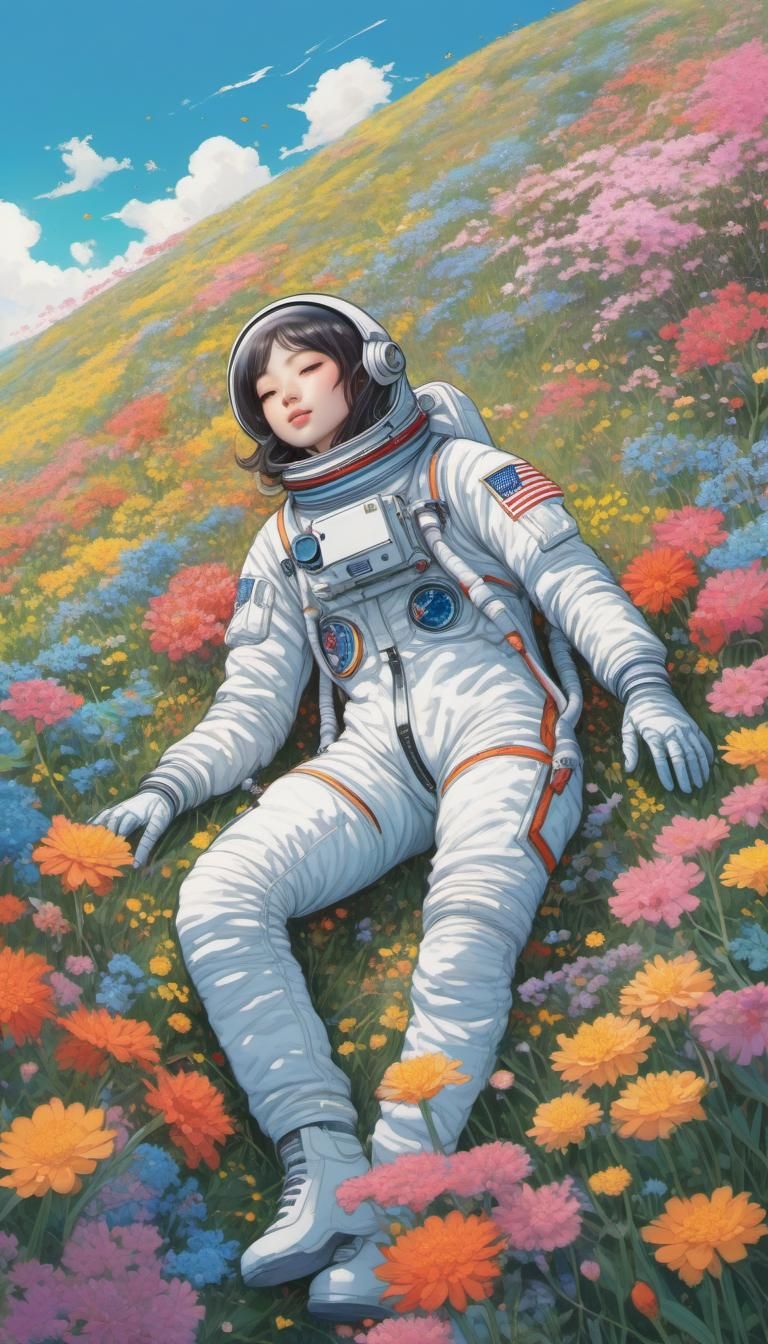 Girl Astronaut in Flower Field, Anime Fantasy Art