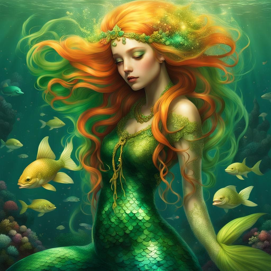 Mystical Mermaid with Flowing Green Hair