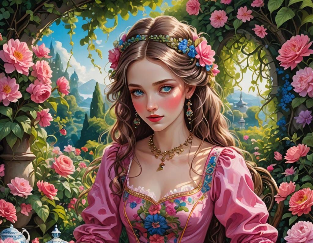 Alice in Wonderland Girl with Pink Hair and Cat