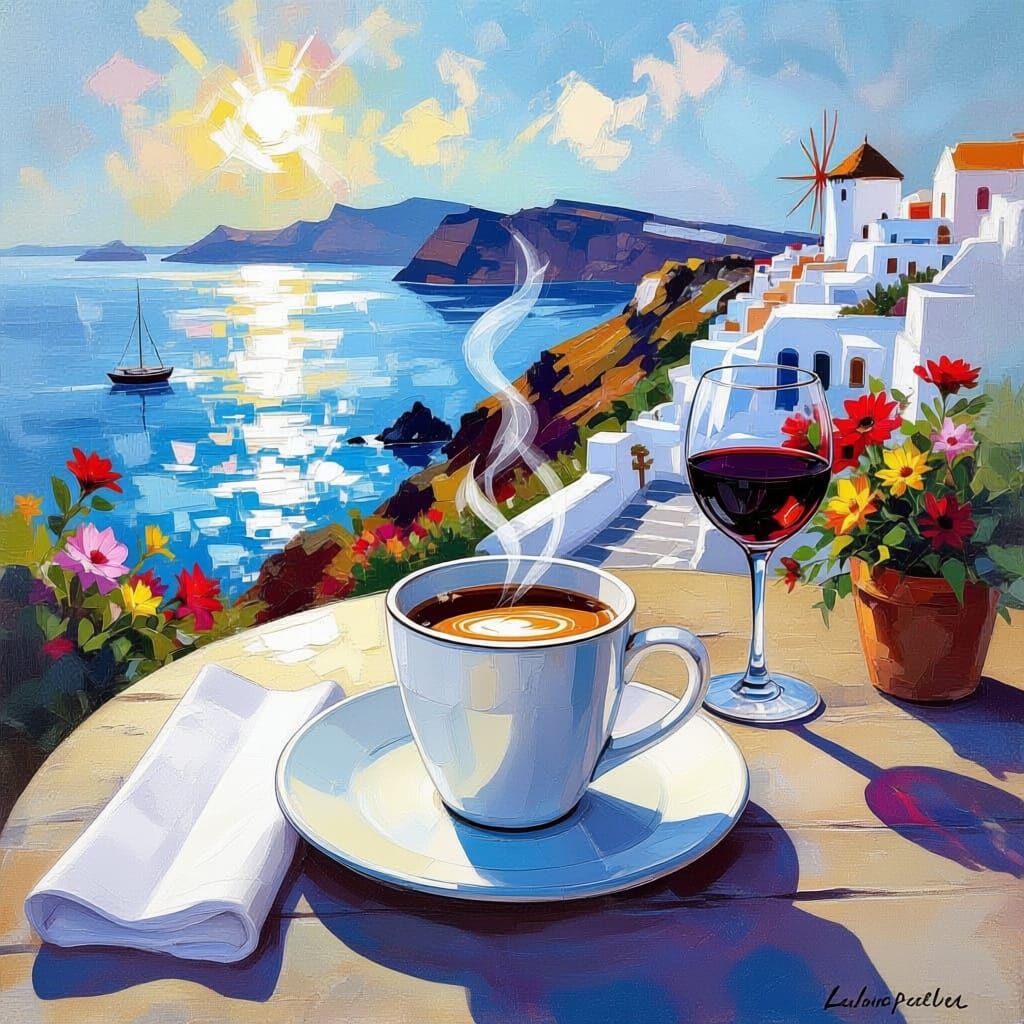 Santorini Coffee Scene: A Bright, Joyful Landscape Painting
