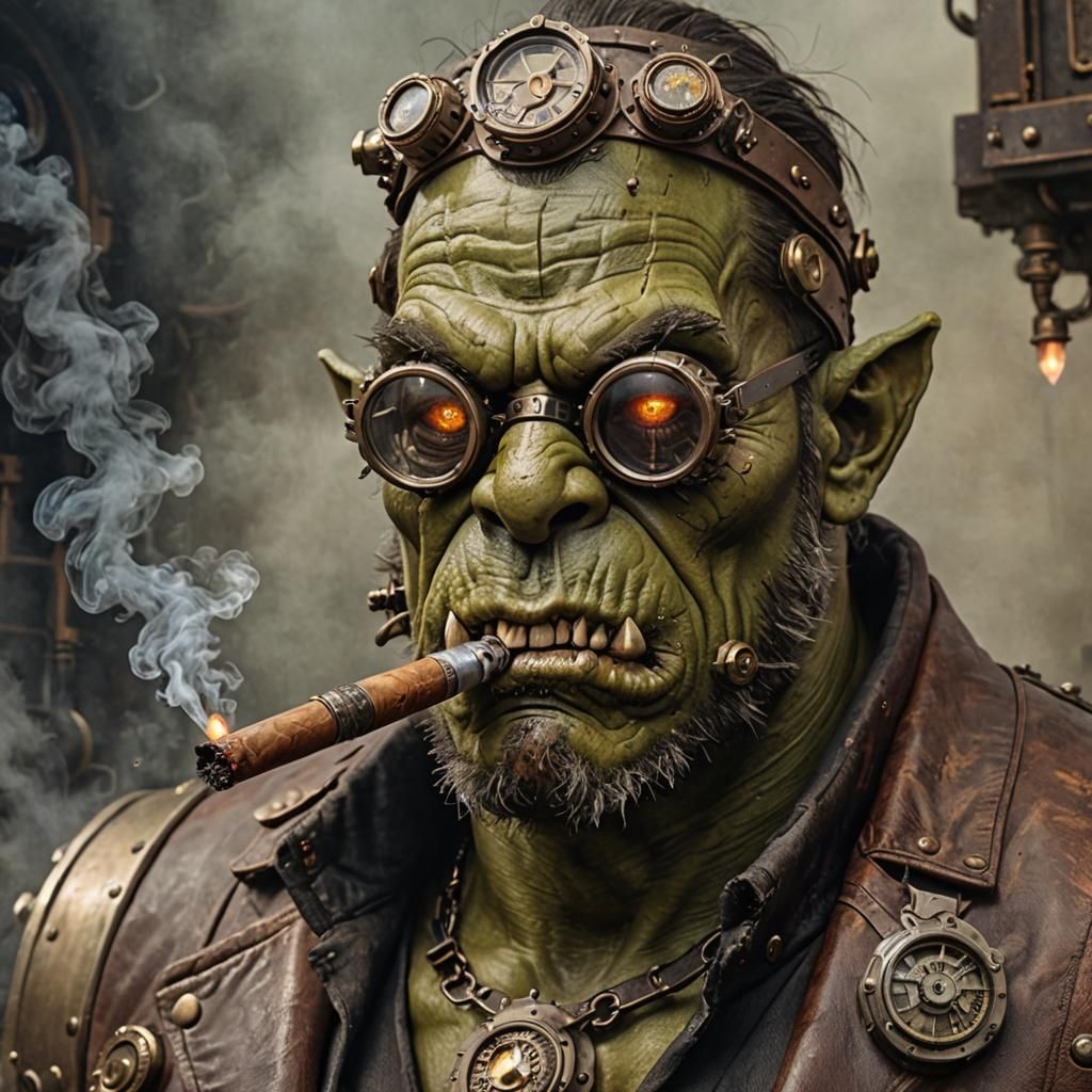 Steampunk Orc Smoking Cigar with Goggles