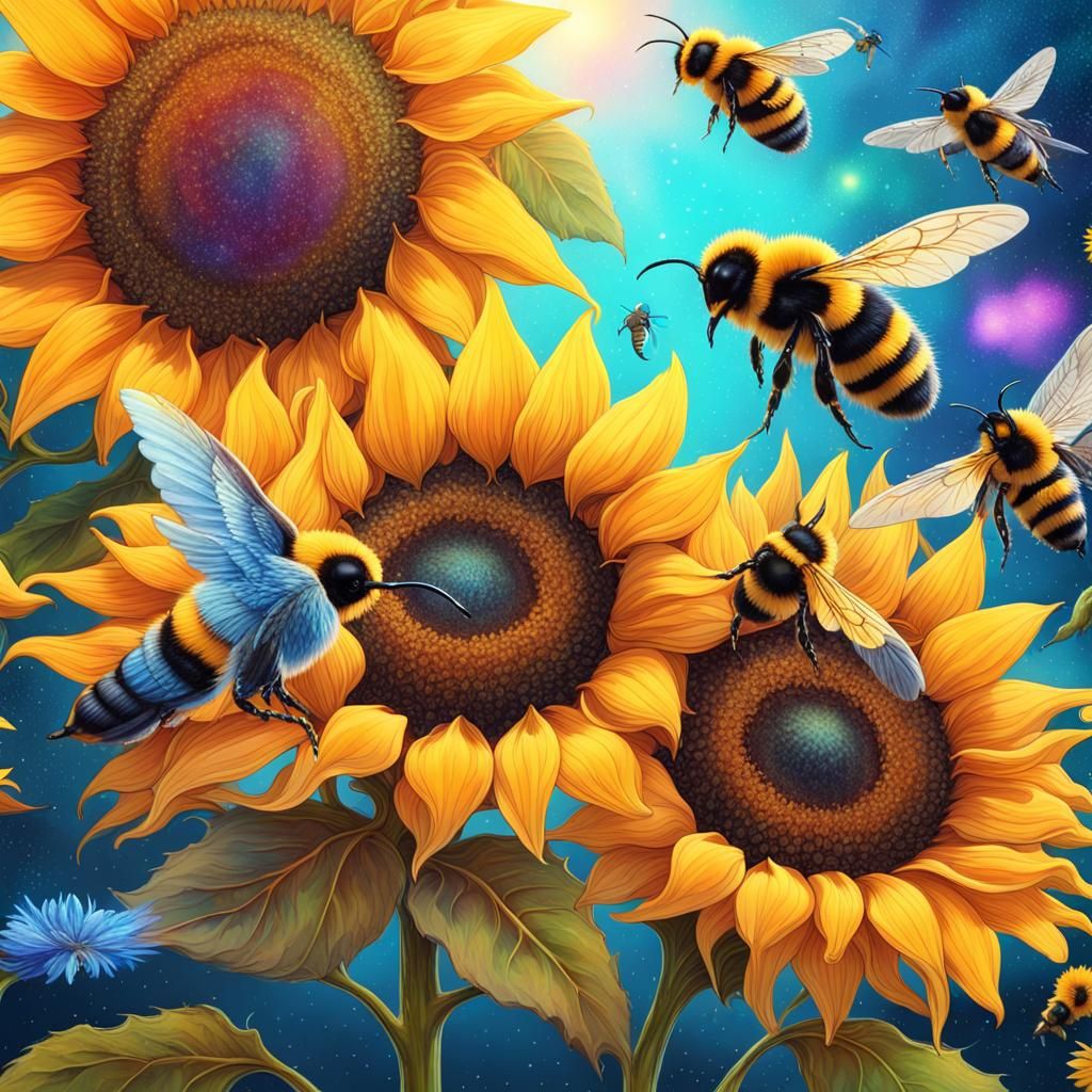 Sunflowers with Bees in Astral Illustration