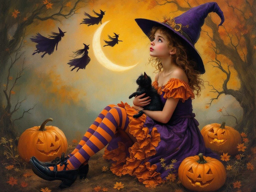 Young Witch With Kitten Under Crescent Moon