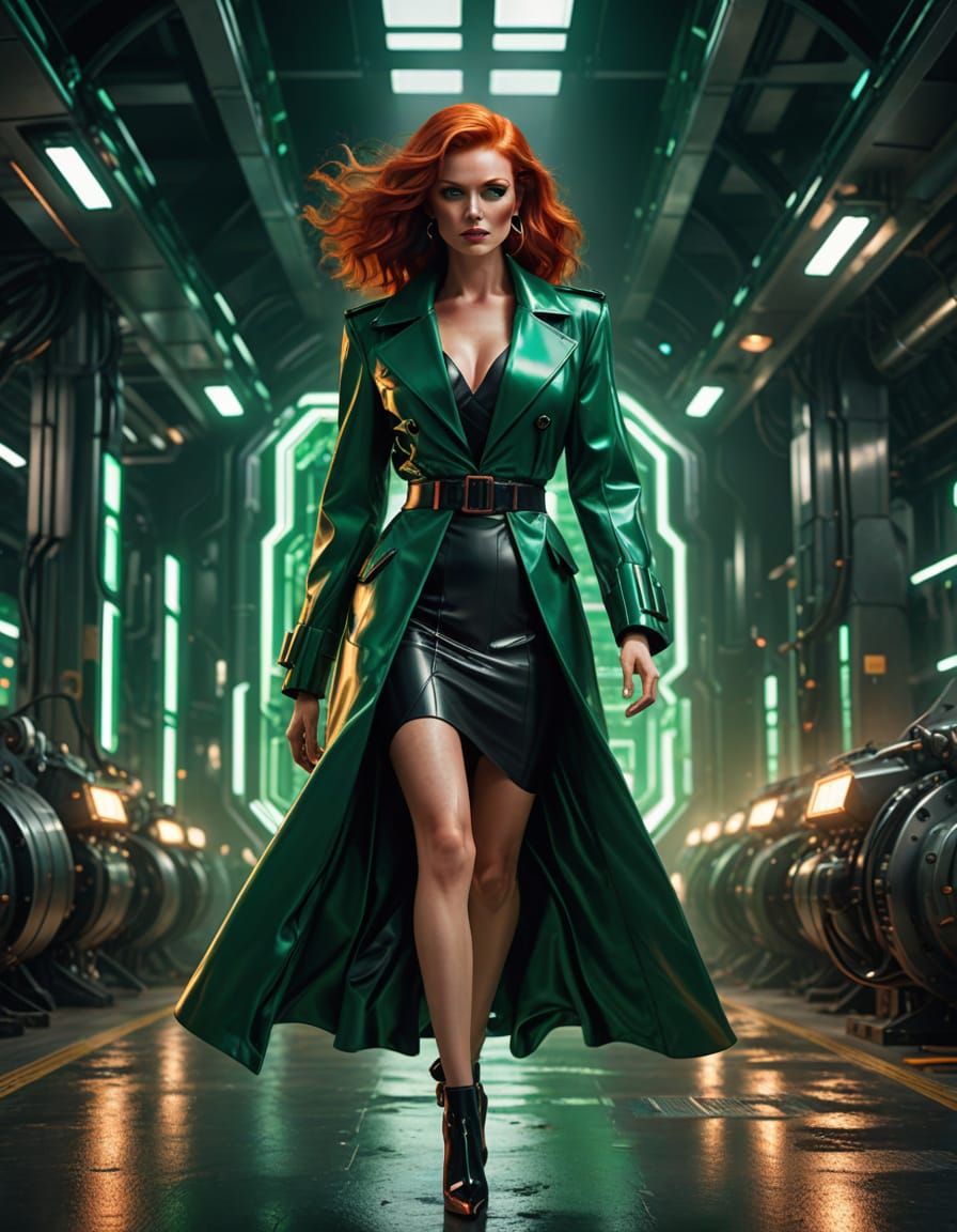 Redhead Woman in Retro-Futuristic Attire with Platform Pumps