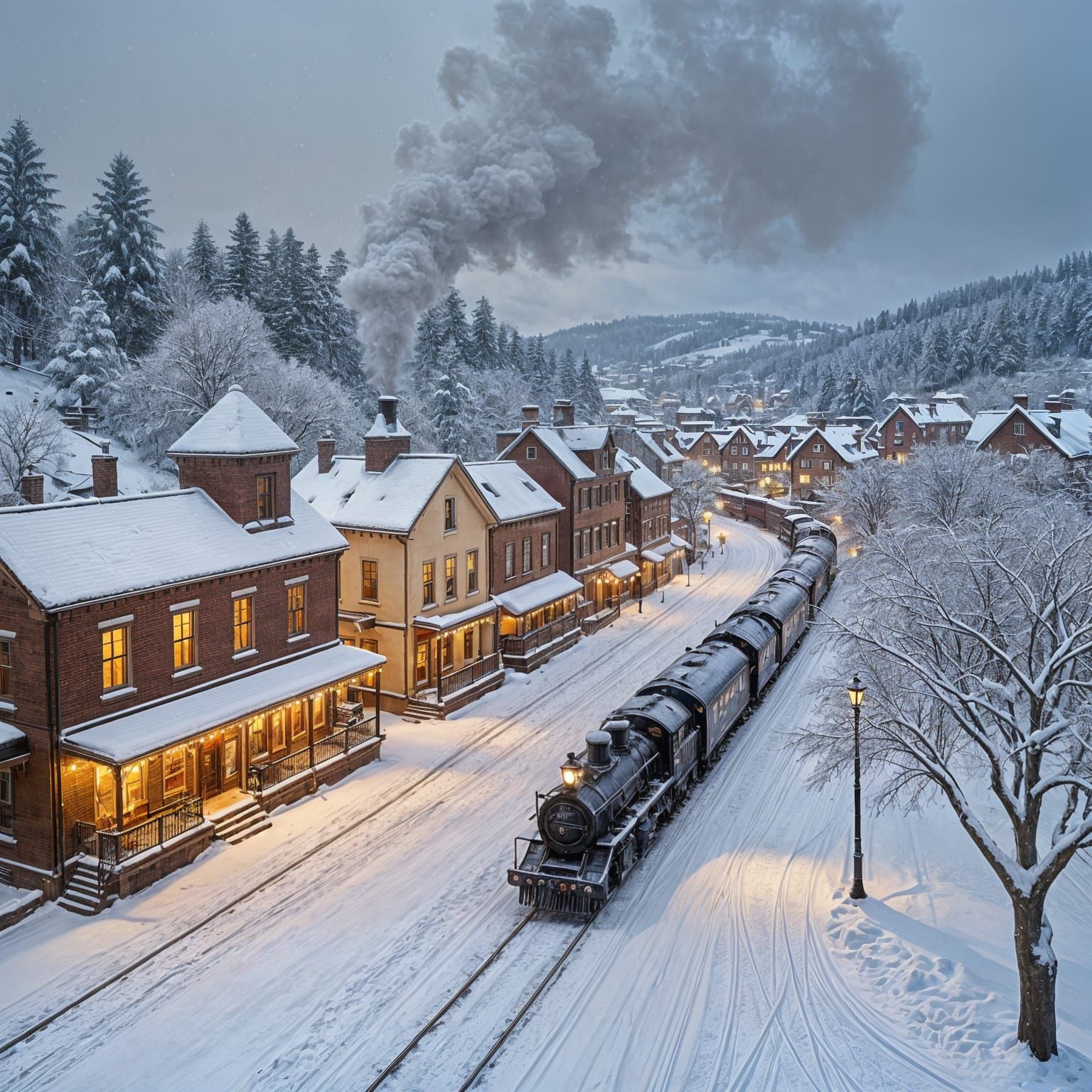 Snowy Town Steam Train, Aerial Oil Painting