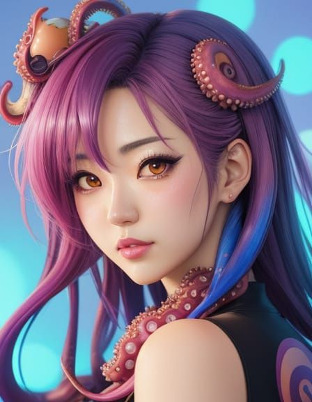 Anime Girl with Octopus Tentacles in Vibrant Colors