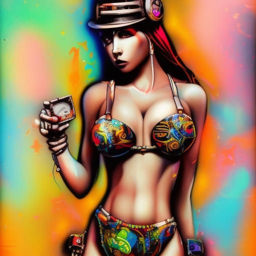 Steampunk Bikini Girl in Graffiti Street Art