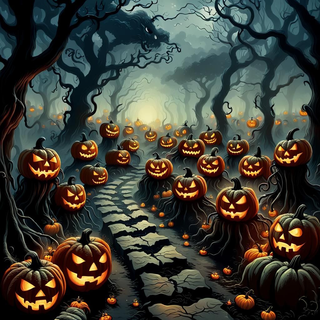 Army of Rooted Jack-o'-Lanterns in Doré Style