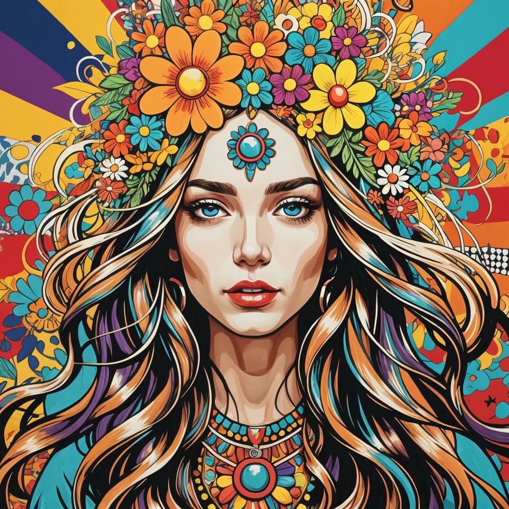 Vibrant Pop Art Hippie Girl in a Psychedelic World