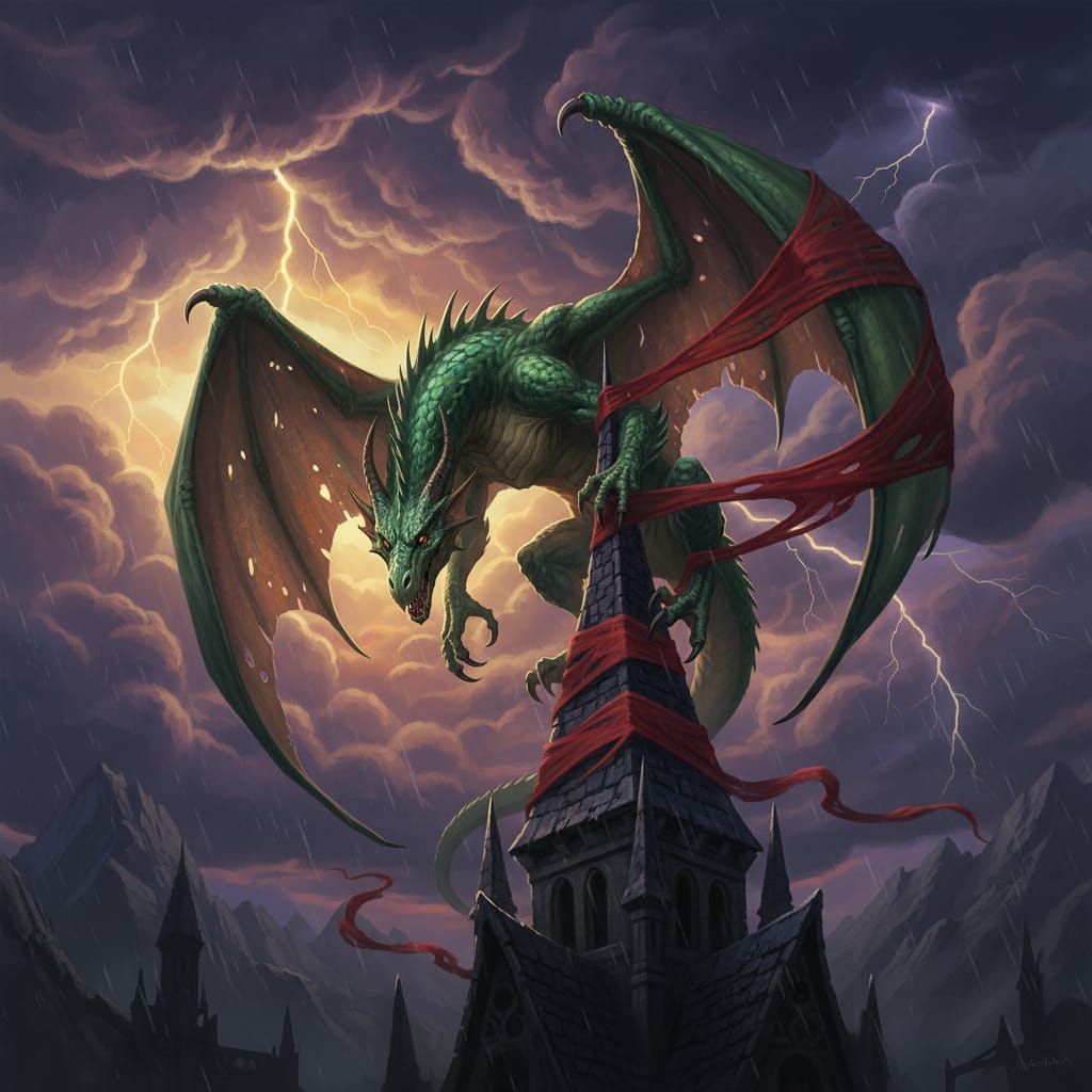 Emerald Dragon's Perilous Landing on Gothic Castle Turret