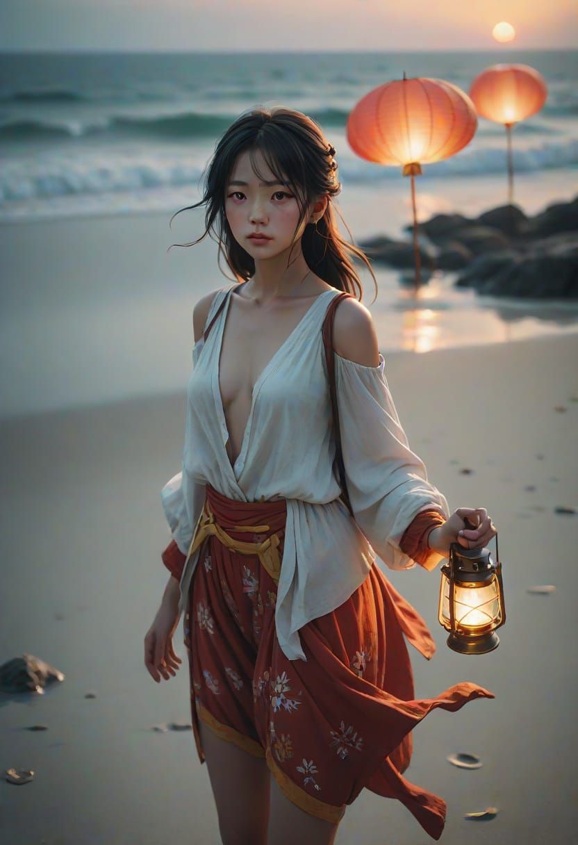 Festive Anime Woman on Beach at Sunset