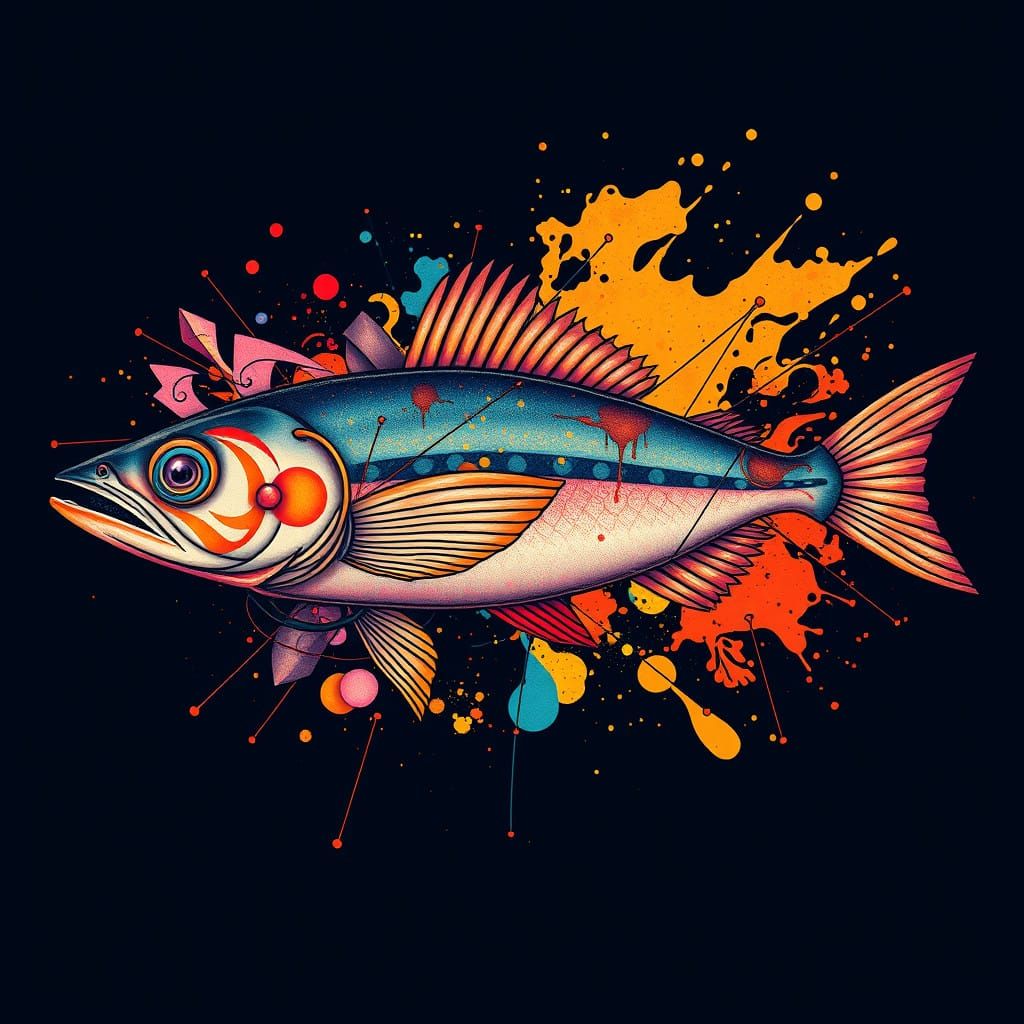 Surreal Sardine Tattoo Art with Geometric Patterns and Vibra...