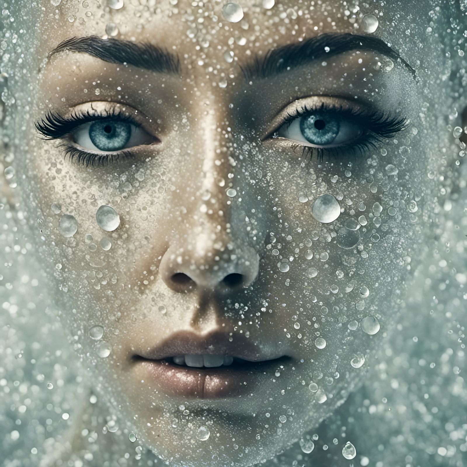Face in Water Droplets: Hyperrealistic Impression