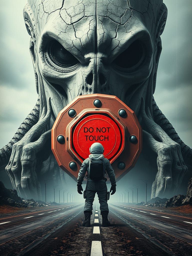 Mysterious Alien Figure with Warning Button
